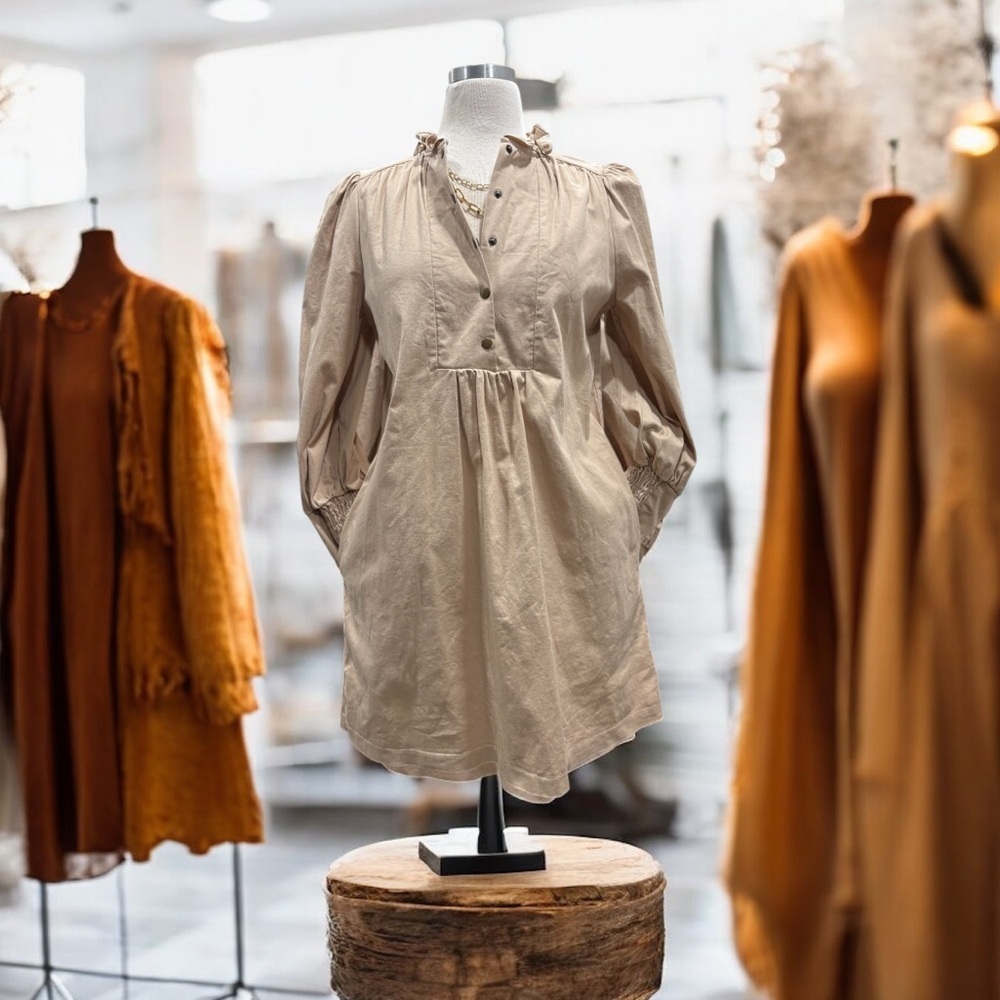 Pomander Place Khaki Claiborne Puff Sleeve Ruffle Neckline Mini Dress | Size M